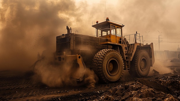 Large dump truck on construction site Loading coal into body work truck on mining site