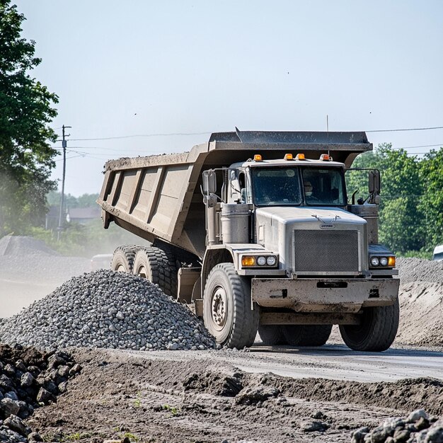 Photo a large dump truck unloading gravel on a road construction project