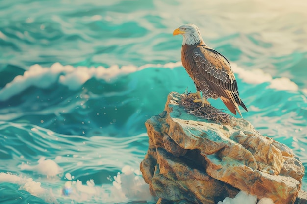 A large eagle sits on a nest on a rocky cliff overlooking the ocean