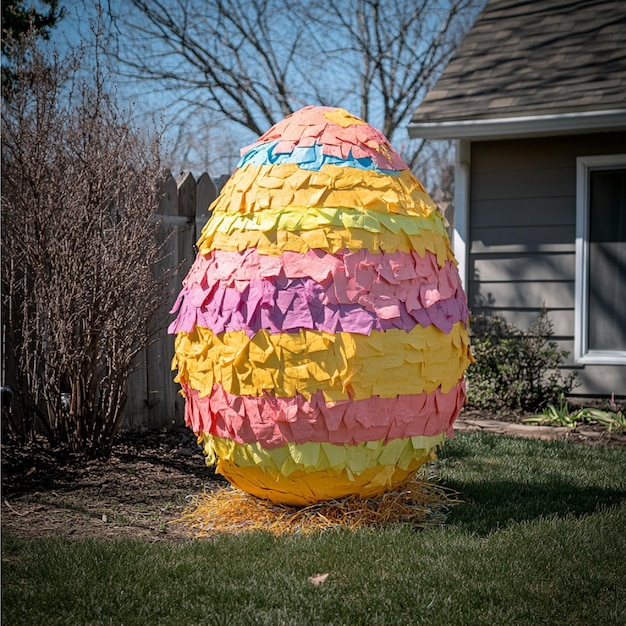 Photo a large easter egg with a rainbow colored egg on it