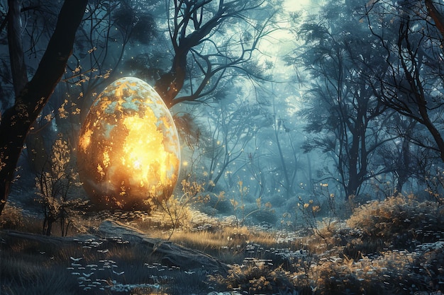 A large egg is glowing in the woods