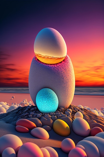 Large egg sitting on top of a pile of rocks generative ai