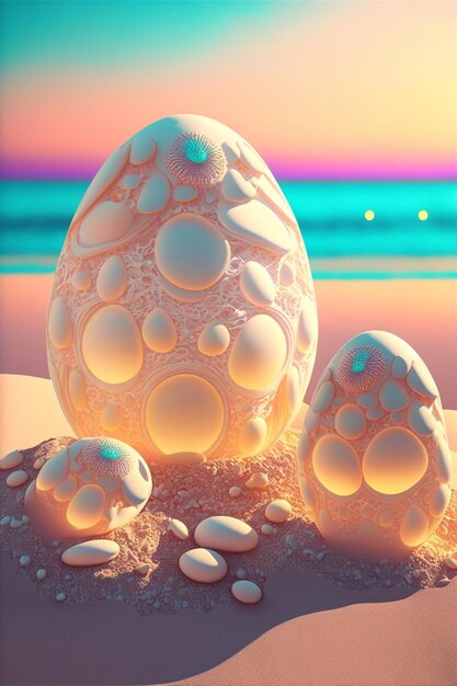 Large egg sitting on top of a sandy beach generative ai