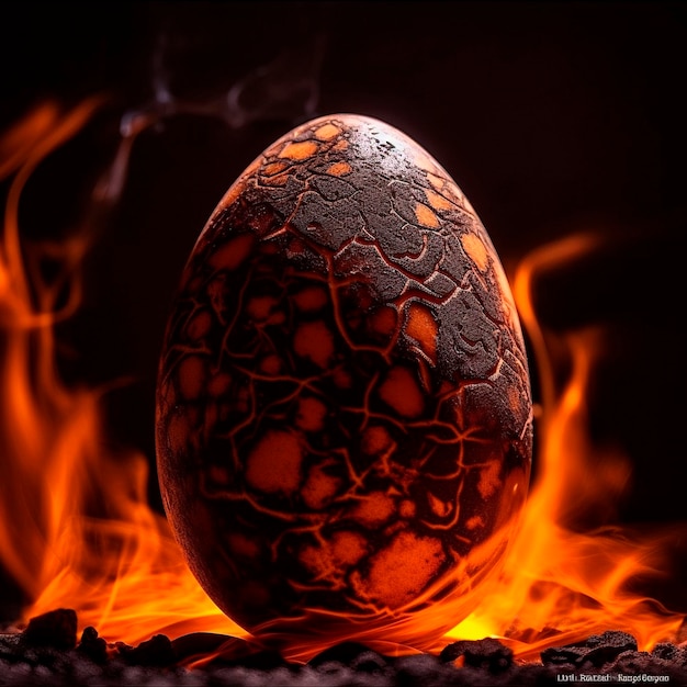 A large egg with a flame on it is surrounded by flames.