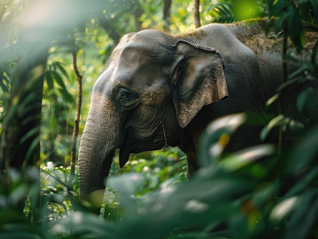 A large elephant is walking through a lush green forest