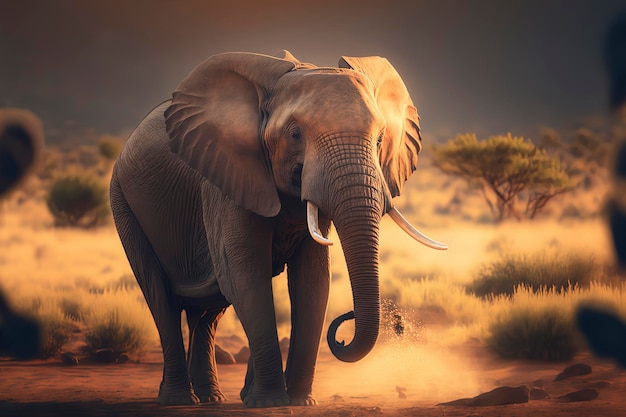 Large elephant walking through a lush green savannah Wildlife photography AIGenerated