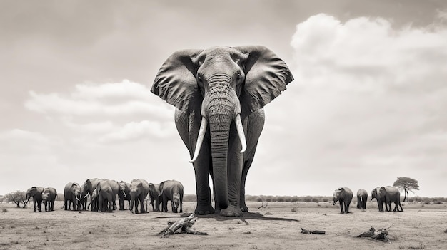 a large elephant with tusks standing in a field with a sky background