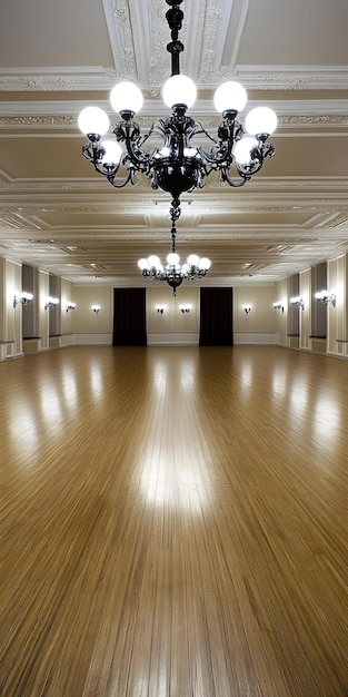 Photo large empty ballroom with chandelier and wooden floor