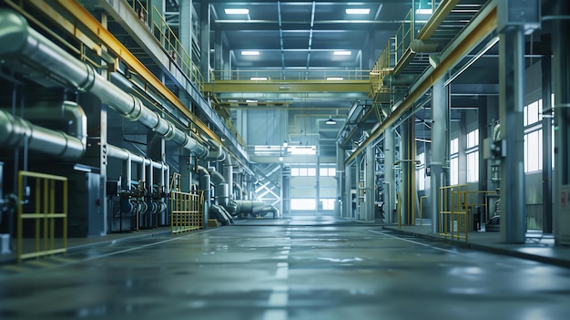 Large empty factory building interior with concrete floor metal columns and girders Overhead pipes and walkways line the walls