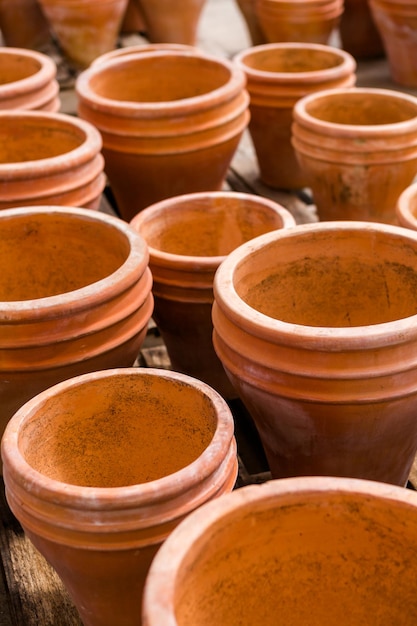 Large empty pots on sale at the local nursery.