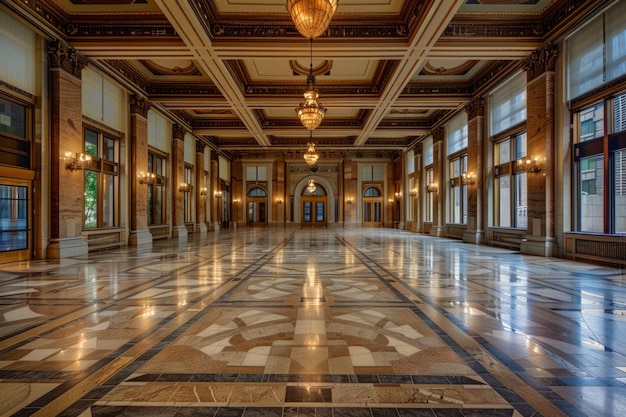 A large empty room with a chandelier hanging from the ceiling