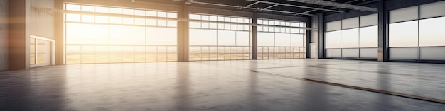 A large empty room with a large window and a large window with a sun shining on it.