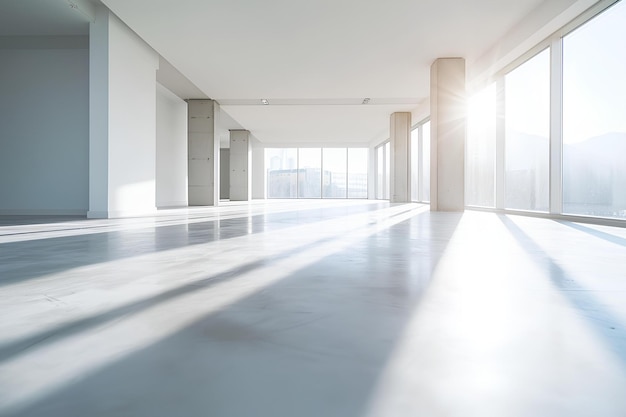 A large empty room with a lot of windows and a bright light coming in from the windows on the wall