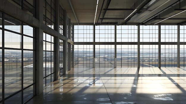 Large Empty Room With Panoramic Windows And Concrete Floor