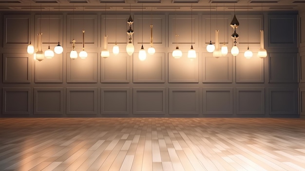 A large empty room with a row of lights on the wall