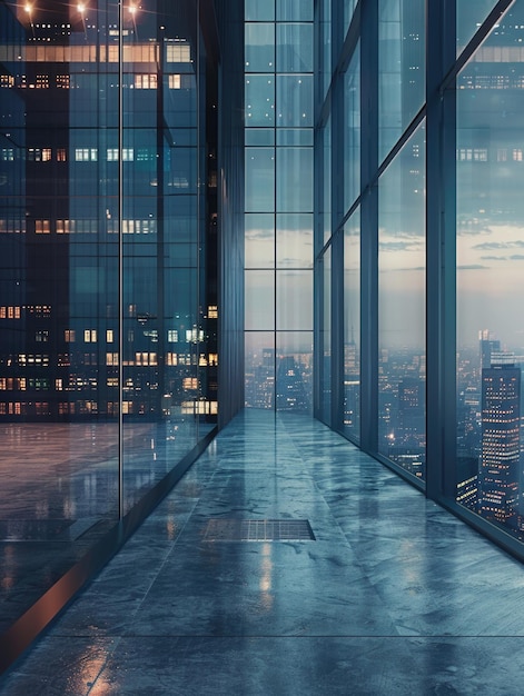 Large empty room with view of city Room is lit by lights of city below