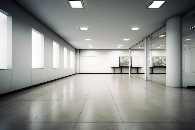 A large empty room with a white floor and windows