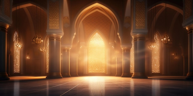 A large empty room with a window that lets in light The room is decorated with gold and has a warm inviting atmosphere