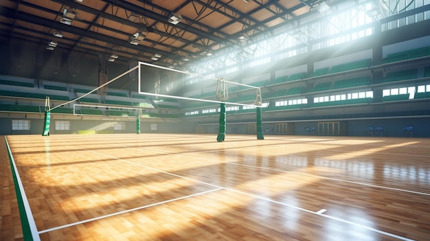 A large empty sports arena with a volleyball net in the middle Sport hall with wooden floor