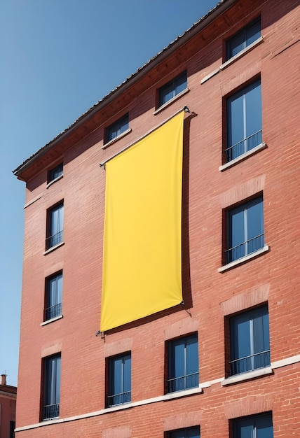 Photo large empty yellow and black banner on a red brick building against the blue skyperfect for mockups