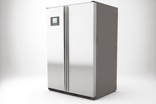 Large enclosed silver metal freezer fridge insulated on white background