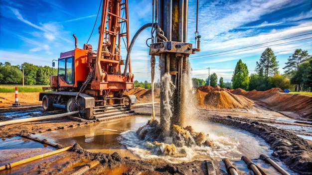 a large excavator is pouring water into a puddle