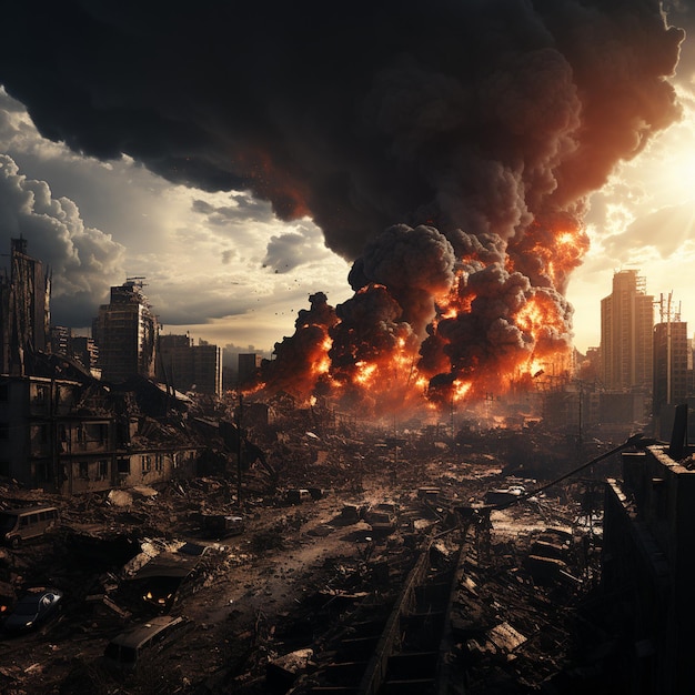 A large explosion in a large city with a large cloud of smoke rising in the background.