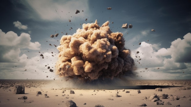 A large explosion with a cloud of dust and rocks in the background