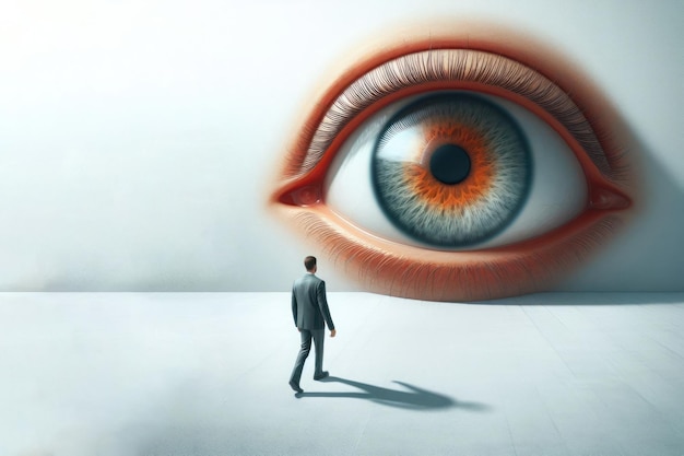 A large eye watches a person Space for text