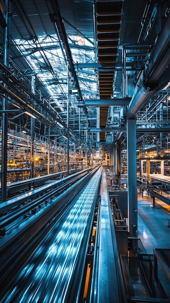 A large factory building features conveyor belts moving products efficiently through well lit industrial space intricate design showcases modern manufacturing technology and productivity