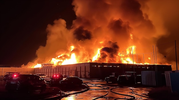 A large factory building is on fire with lots of flames and smoke