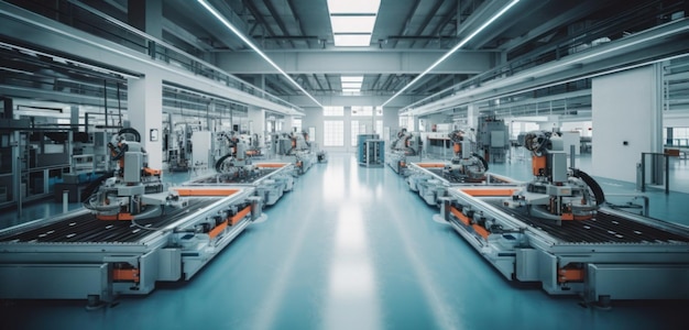 A large factory with a blue floor and a white door that says'the word'on it '