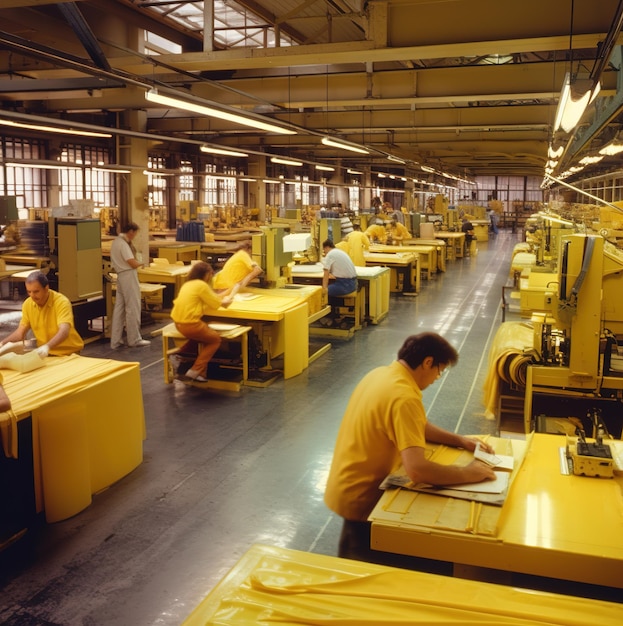 A large factory with people working on machines and one of them is wearing yellow shirts.