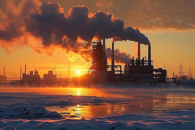 A large factory with smokestacks emitting thick black clouds of smoke into the sky against an orang