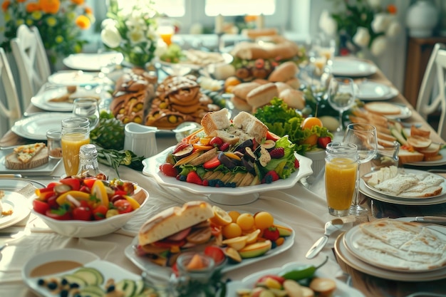 Large Family Gathering Table with Variety of Food