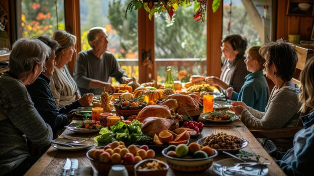 A large family gathers around a bountiful Thanksgiving dinner table enjoying a festive meal together in a cozy home