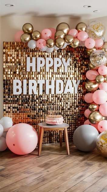 A large festive photo zone for a birthday decorated with gold sequins pink gray and gold balloons