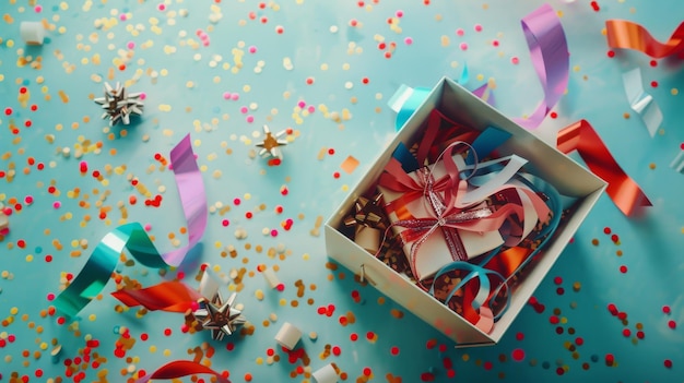 Photo a large festive scene with a gift box filled with colorful ribbons and surrounded by scattering festive confetti capturing a moment of celebration