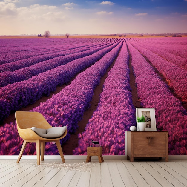 A large field of flowers with a blue sky in the background.