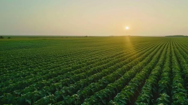 A large field of green crops with a sun in the sky