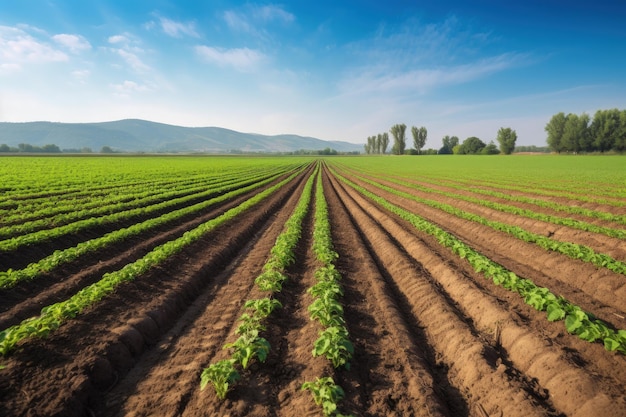 A large field of green plants with mountains in the background generative AI