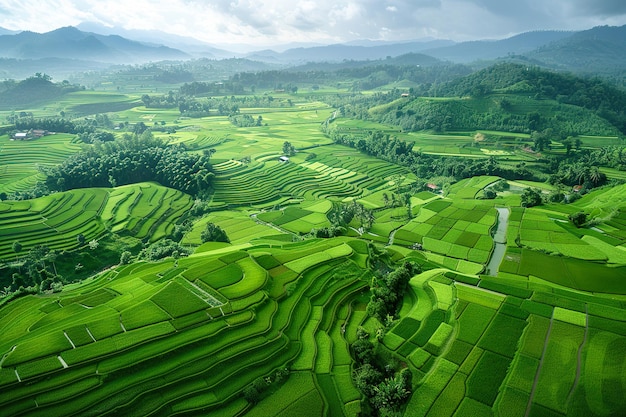 A large field of green rice is shown from above generative ai image