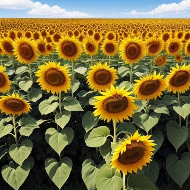 a large field of sunflowers with a sky background