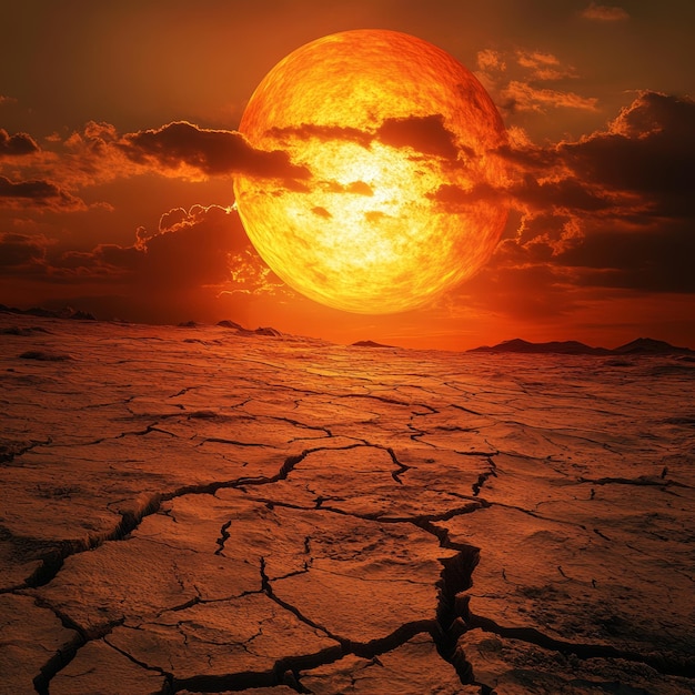 Photo a large fiery sun sets over a cracked dry desert landscape suggesting the effects of climate change and drought