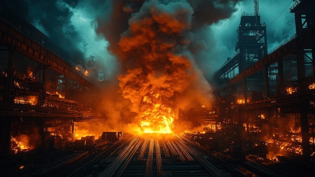 A large fire erupts within a steel mill with smoke and flames billowing into the air The fire appears to be very intense and dangerous with the flames reaching high into the sky