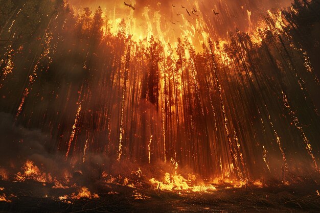 a large fire with a large forest of trees in the background