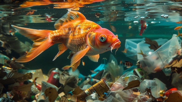 A large fish swims among a pile of garbage in dirty water