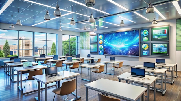 a large flat screen tv is on a wall with a large picture of a blue sky and a large screen