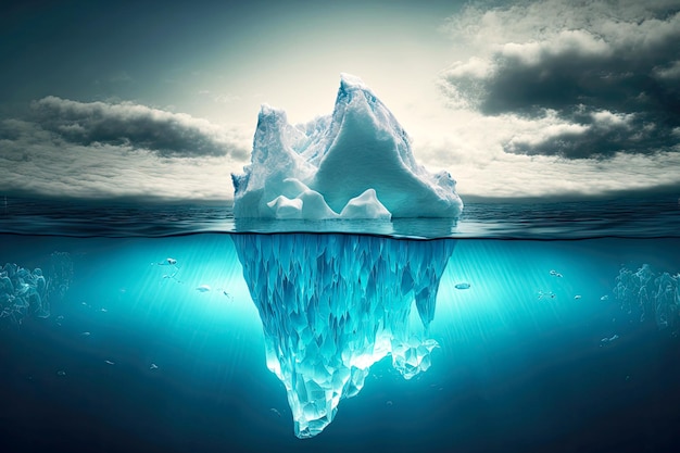 Large floating iceberg in cloudy weather and schools of fish winding between ice floes