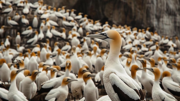 a large flock of birds are standing together in a field